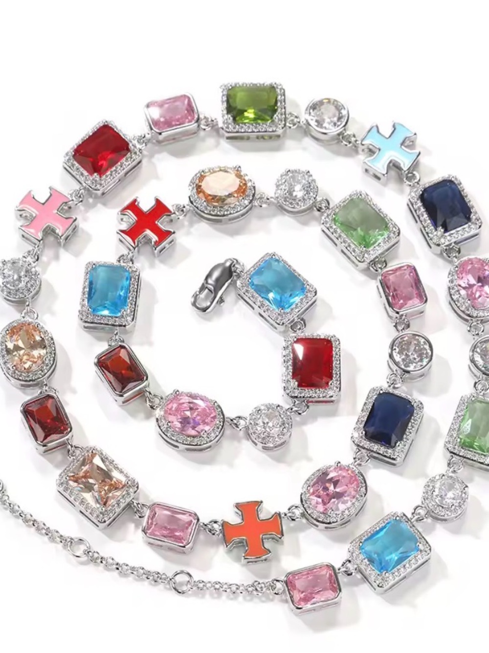 Multicolor Crystal Link Necklace 16inch - Silver Tone